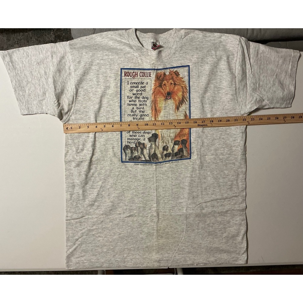 VTG USA Made Collie Dog Art T Shirt Ash Gray Single Stitch 90s Lassie Unsex XL - Picture 3 of 7